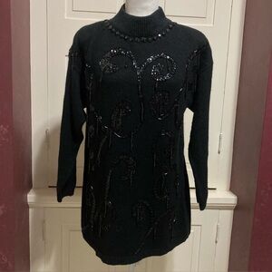 Vintage Sheridan Square Size M Silk Angora Wool Blend Black Sequins Bead Sweater